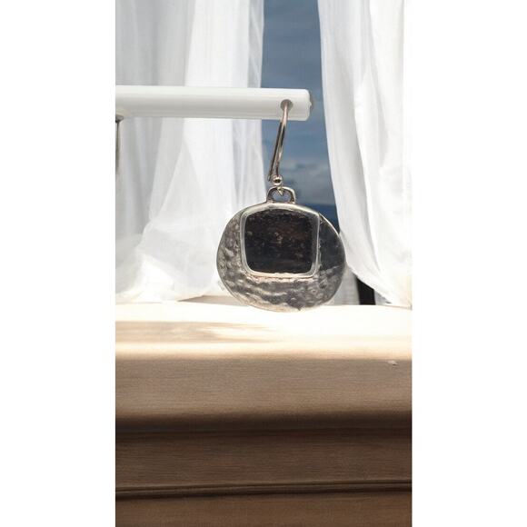 Silpada Signed Sterling Sliver Hammered Bronzite Dangle Wire Earrings - Picture 4 of 5